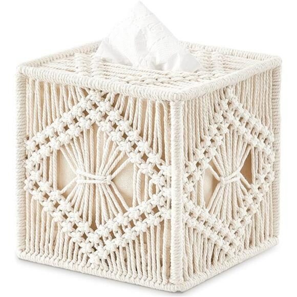 Macrame tissue box cover square woven boho tissue holder bathroom bedroom decor - Picture 1 of 6